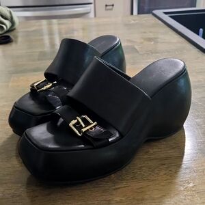 Free People Mila Wedge Slide Sandal Black Leather Sz 9